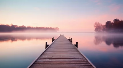 Deurstickers Lavendel A peaceful dock extending into the calm lake at sunrise, with soft pastel colors illuminating the sky and a hint of morning mist in the air, AI generated, Background image