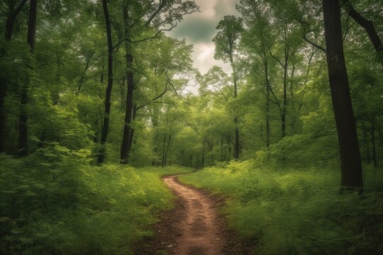 An image of a wooded path enveloped by trees on either side, leading through a serene forest under a cloudy sky. Generative AI