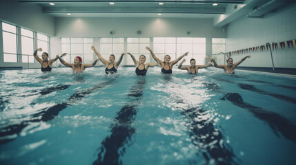 group athletic women doing aquaaerobic training in the pool