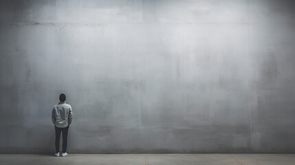 Man looking at blank wall from behing gray wall,landscape photo,interior minimalistic