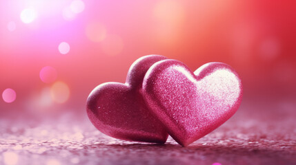 Fototapeta premium Two Hearts On Pink Glitter In Shiny Background