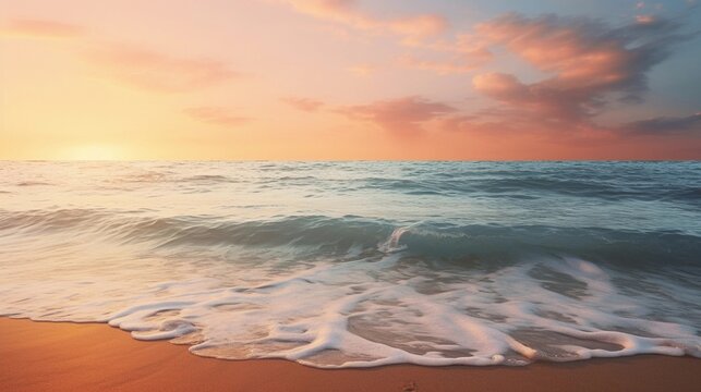 A serene beach scene at sunset, with gentle waves washing ashore, the sky painted in warm pastel hues, and the sun setting on the horizon, AI generated, Background image