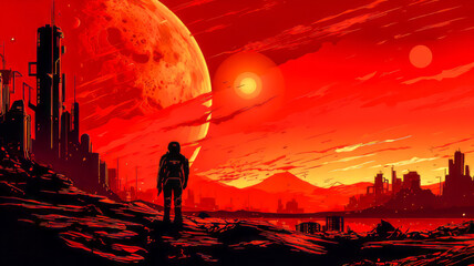 Fototapeta premium Science Fiction Duotone Scene. Generated Image. A digital illustration of a science fiction scene with a duotone coloring of red and gold.