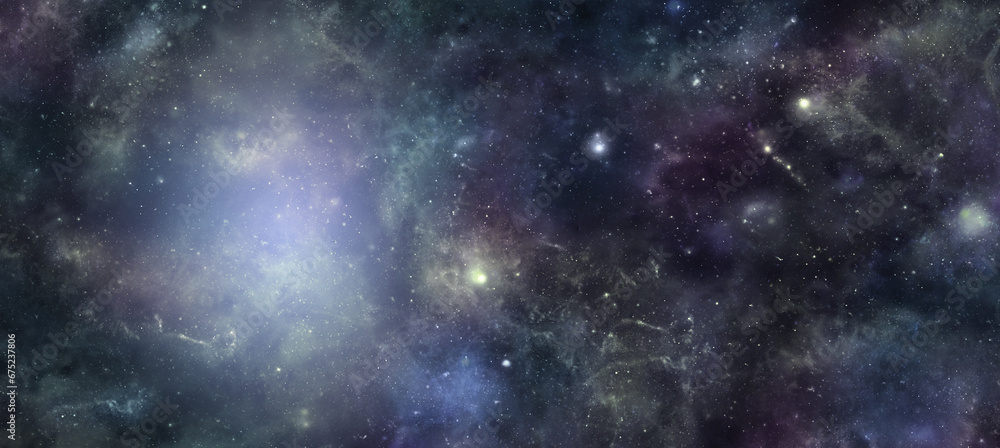 Wall mural dark deep space with plasma mist website banner background - wide panel of outer space with stars, p
