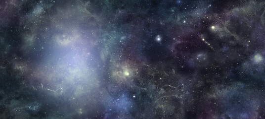 Dark Deep Space with plasma mist website banner background  -  Wide panel of outer space with  stars, planets and a light mist area of plasma  ideal for cosmic,  astrology, astronomy, horoscope theme  - obrazy, fototapety, plakaty