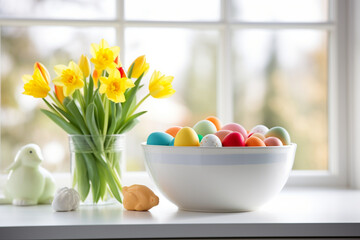 easter eggs and tulips in a vase