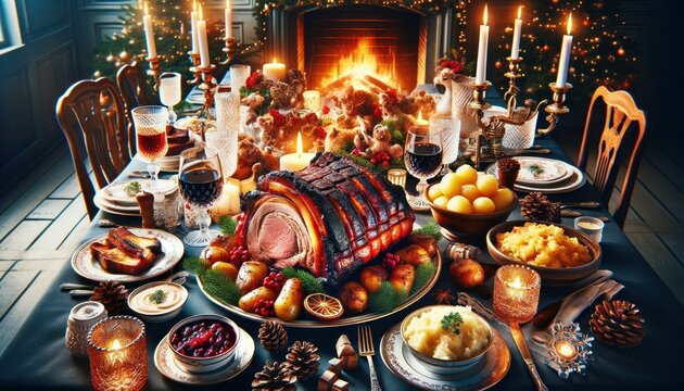 Norwegian Christmas table with traditional 'ribbe' and side dishes.
