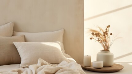 Generative AI, Relaxing bedroom detail of bed with natural linen textured bedding, muted neutral aesthetic colors	
