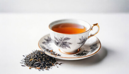 Beautiful earl grey tea in a teacup with copy space - obrazy, fototapety, plakaty