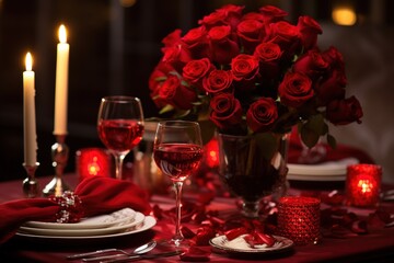Romantic table setting with red roses, candles and glasses of wine.valentine concept