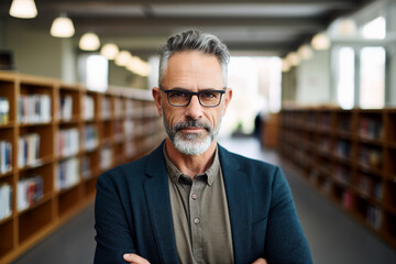 Fototapeta premium Generative AI photo of clever successful confident worker standing in modern class room in front of library bookshelf