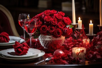 Romantic table setting with red roses, candles and glasses of wine.valentine concept