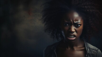 Portrait of a black female with angry expression against textured background with space for text, AI generated, Background image - obrazy, fototapety, plakaty