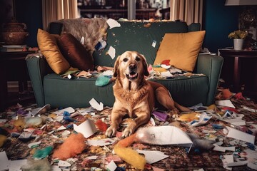 The dog made a mess in the living room. Dog alone at home - obrazy, fototapety, plakaty