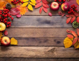 AI-generated illustration of an arrangement of seasonal autumnal fruits and leaves on a wooden board