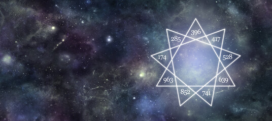 Solfeggio nine pointed star message banner - deep space night sky background with a 9 point star containing the nine solfeggio frequencies and copy space for messages on left side
 - obrazy, fototapety, plakaty