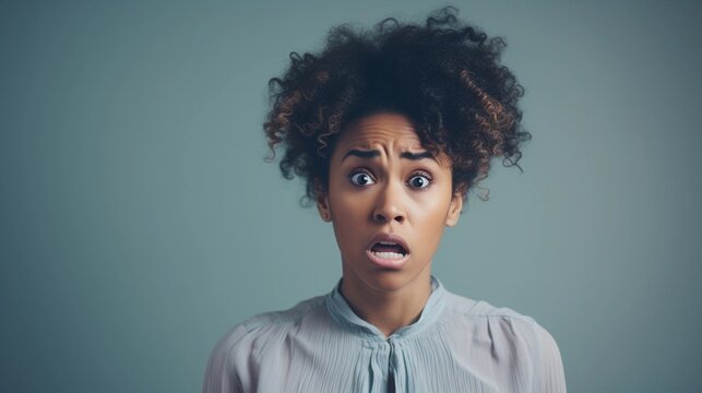 Portrait of a black female with fear expression against pastel background with space for text, AI generated, Background image
