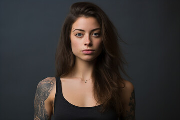 Fototapeta premium Generative ai photo of lovely girl with beatiful tattoo on her body isolated on dark background