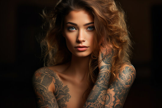 Picture of beautiful woman with tattoo on her body created with generative AI technology