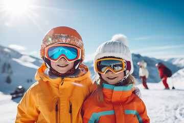 Generative AI small children learn how to snowboarding climbing up down mountain resort christmas...