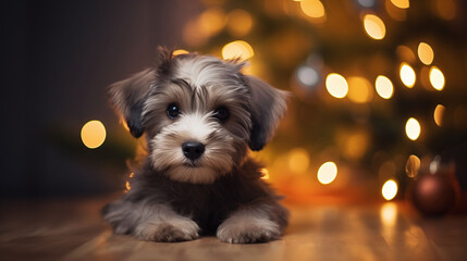 Portrait of a Little dog lying on the floor, christmas lights background, close up. Generative AI