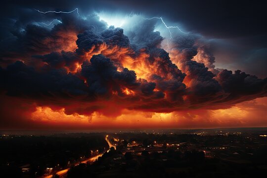 An orange-yellow-gray sky with clouds, lightning, thunder, and a terrifying storm.by Generative AI