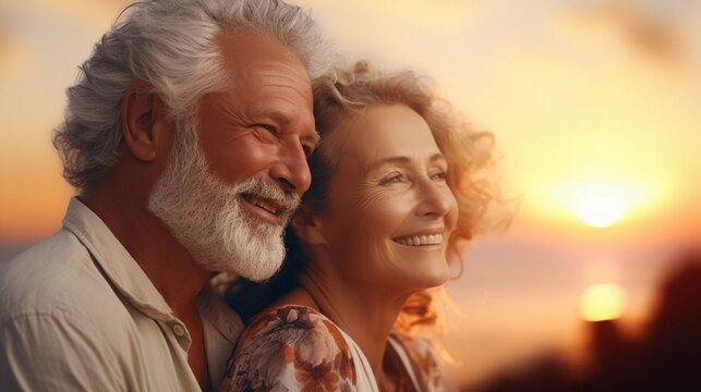 Portrait of a happy old couple posing against sunset ambience background with space for text, AI generated, Background image