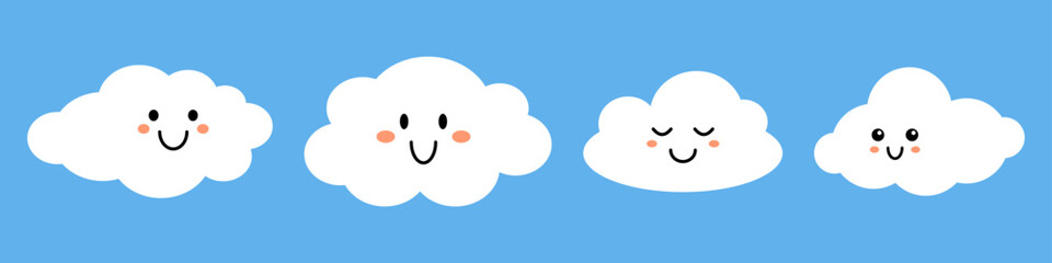 Vector set of white smiling clouds with faces on blue background. Cute funny baby cloud collection in flat design. Childish elements. - obrazy, fototapety, plakaty