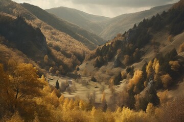 Autumnal valley with steep slopes and solitary trees. Generative AI