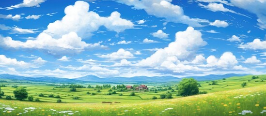 In the summer against the backdrop of a clear blue sky the vibrant green grass dances in the gentle breeze creating a picturesque landscape filled with colorful flowers lush fields and fluf