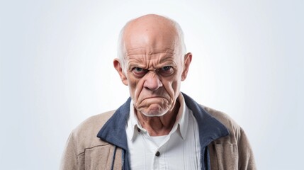Obraz premium Portrait of a white old male with angry expression against white background with space for text, AI generated, Background image