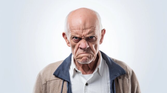 Portrait of a white old male with angry expression against white background with space for text, AI generated, Background image