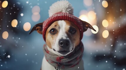 Selfie of a dog wearing hat against winter snowfall ambience background with space for text, AI generated, Background image