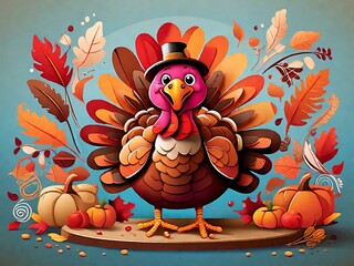 A cheerful cartoon turkey, his playful expression radiates happiness. With beautifully layered plumage featuring warm shades of red, orange and brown,
