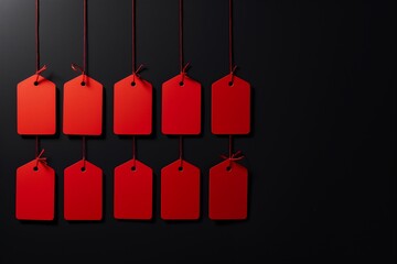 Red and black labels, price tags on a black background. New Year and holiday gifts.