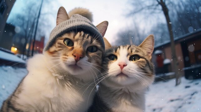 Selfie of a pair of cat wearing hat against winter snowfall ambience background with space for text, AI generated, Background image