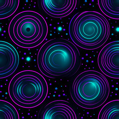 Printable Seamless Pattern with Luminous Neon Circles, Futuristic Overlay Design for Fabric and Digital Media, Top View Radiant Array
