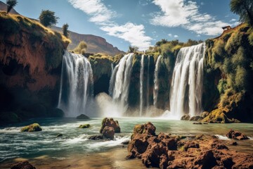 Famous Seljalandsfoss waterfall in South of Iceland, Ouzoud waterfalls, Grand Atlas in Morocco, AI Generated - obrazy, fototapety, plakaty