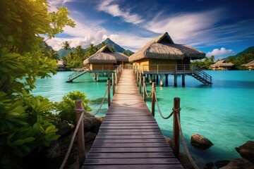 Wooden bridge over turquoise water in tropical paradise island, Over water bungalows with steps into green lagoon, AI Generated