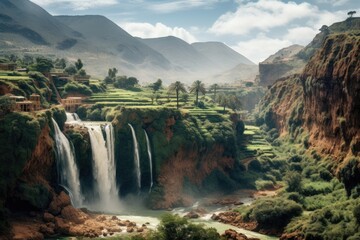 Fototapeta na wymiar Waterfall in the mountains of Morocco, Africa. Panoramic view, Ouzoud waterfalls, Grand Atlas in Morocco, AI Generated