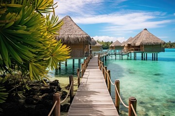 Wooden bridge to water bungalows in tropical Maldives island, Over water bungalows with steps into green lagoon, AI Generated