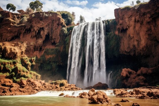 Waterfall in the gorge of Murchison Falls, Western Australia, Ouzoud waterfalls, Grand Atlas in Morocco, AI Generated