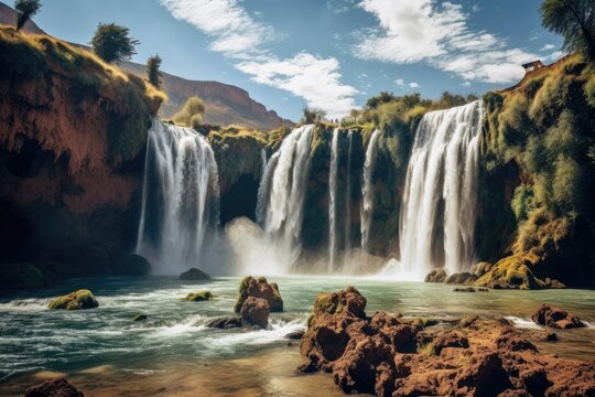 Famous Seljalandsfoss waterfall in South of Iceland, Ouzoud waterfalls, Grand Atlas in Morocco, AI Generated © Iftikhar alam