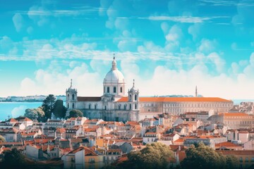 Panoramic view of Lisbon, Portugal, Europe. Mixed media, panorama of the mountains, AI Generated - obrazy, fototapety, plakaty