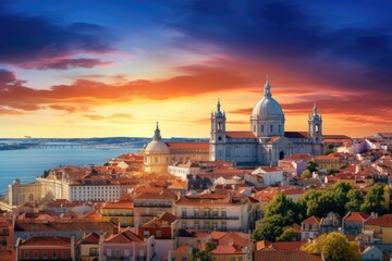 Panoramic view of Lisbon at sunset. Portugal. Europe, panorama of the mountains, AI Generated