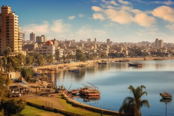 Fototapeta na wymiar View of the Nile river and the city of Cairo, Egypt, Panorama on Cairo, seafront of Nile River, AI Generated