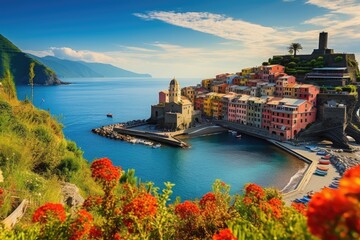 View of Vernazza village in Cinque Terre, Italy, Panorama of Vernazza and suspended garden, Cinque Terre National Park, Liguria, Italy, Europe, AI Generated - obrazy, fototapety, plakaty