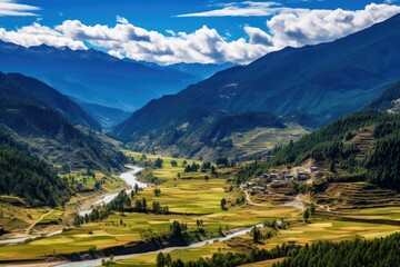 Fototapeta na wymiar View of the rice terraces of Sichuan Province, China, Panorama top view of Paro valley landscape, Bhutan, AI Generated