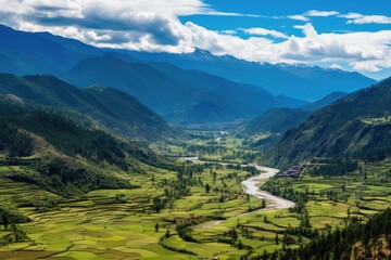 Fototapeta na wymiar Panoramic view of the valley and river in the Himalayas, Panorama top view of Paro valley landscape, Bhutan, AI Generated