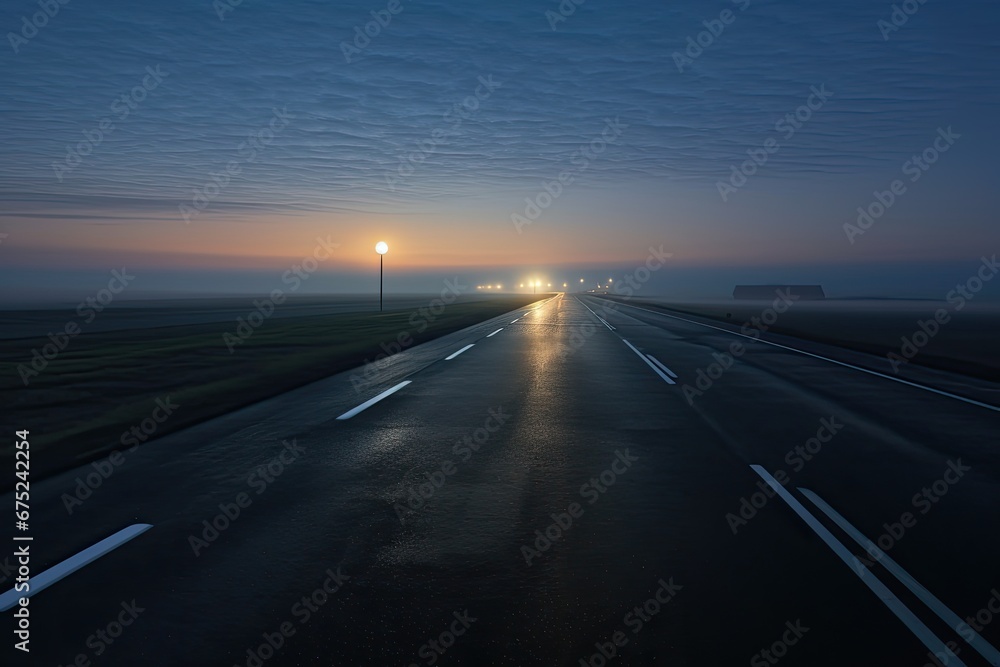 Sticker empty asphalt road through the foggy fields at sunrise. view from above, panoramic view of the empty